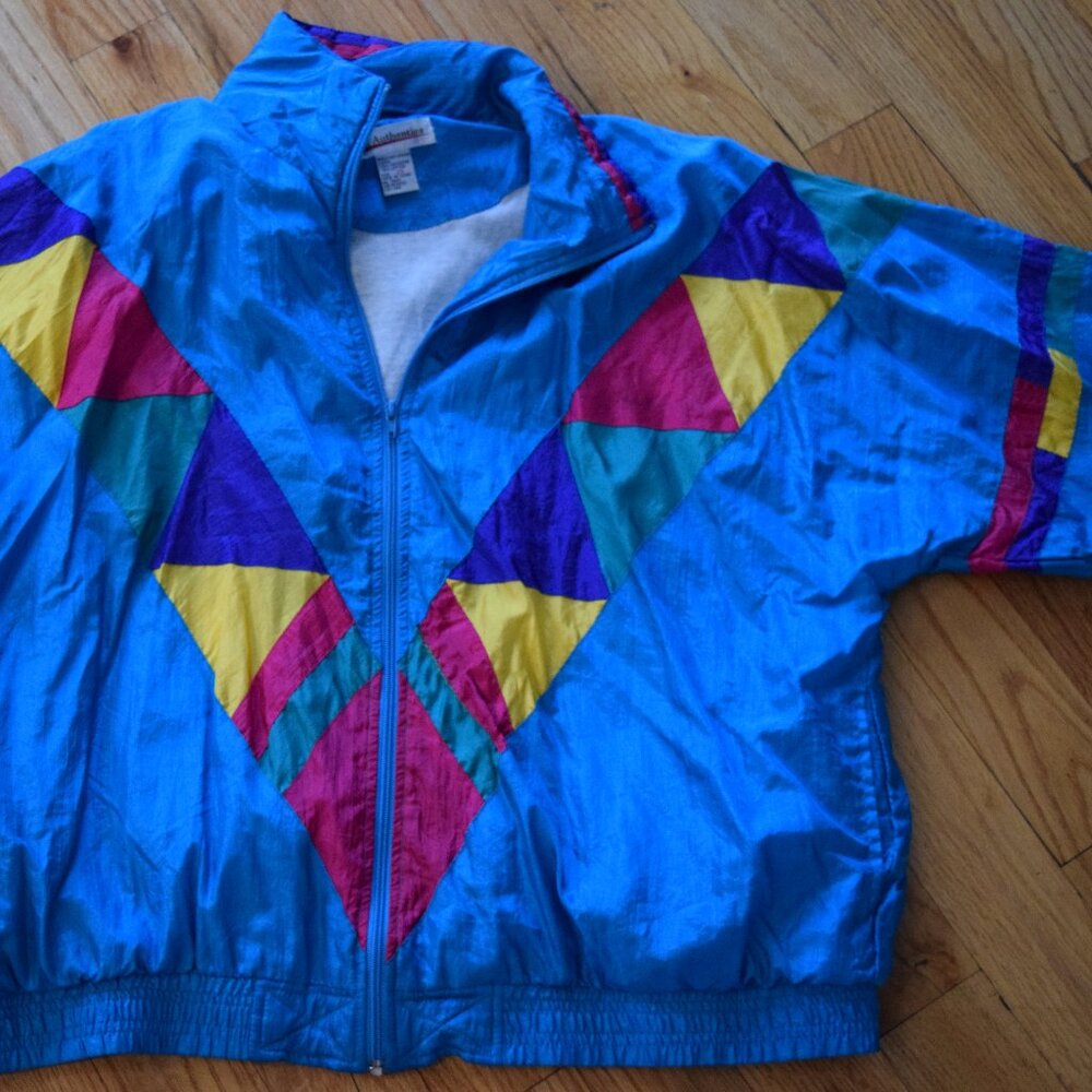 Fun 1980s Vibrant Geometric Technicolor Print Nylon Zip Up Jacket